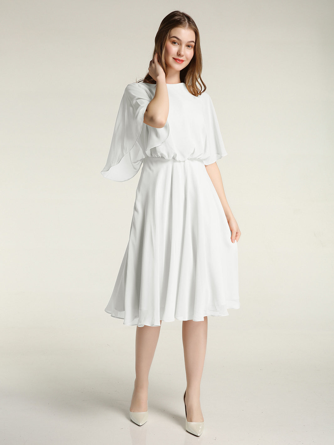 BABARONI BABARONI Chiffon Ivory Bridesmaid Dresses Jewel Knee-length Half Sleeve Ruffle A-line, Ivory / US0 BABARONI BABARONI Chiffon Ivory Bridesmaid Dresses Jewel Knee-length Half Sleeve Ruffle A-line, Ivory / US0
