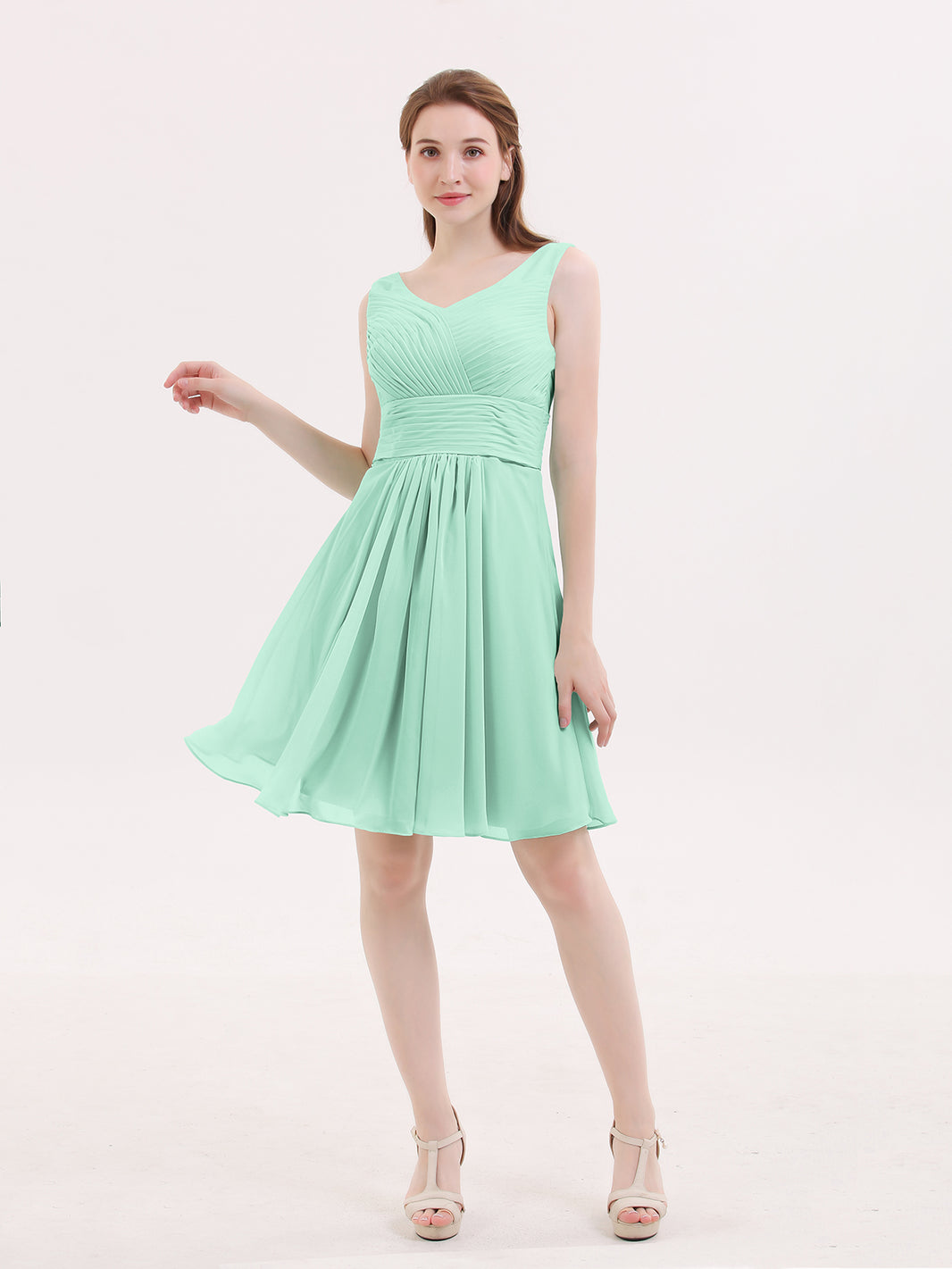 BABARONI V Neck Chiffon Short Bridesmaid Dresses-Mint Green, Mint Green / US0