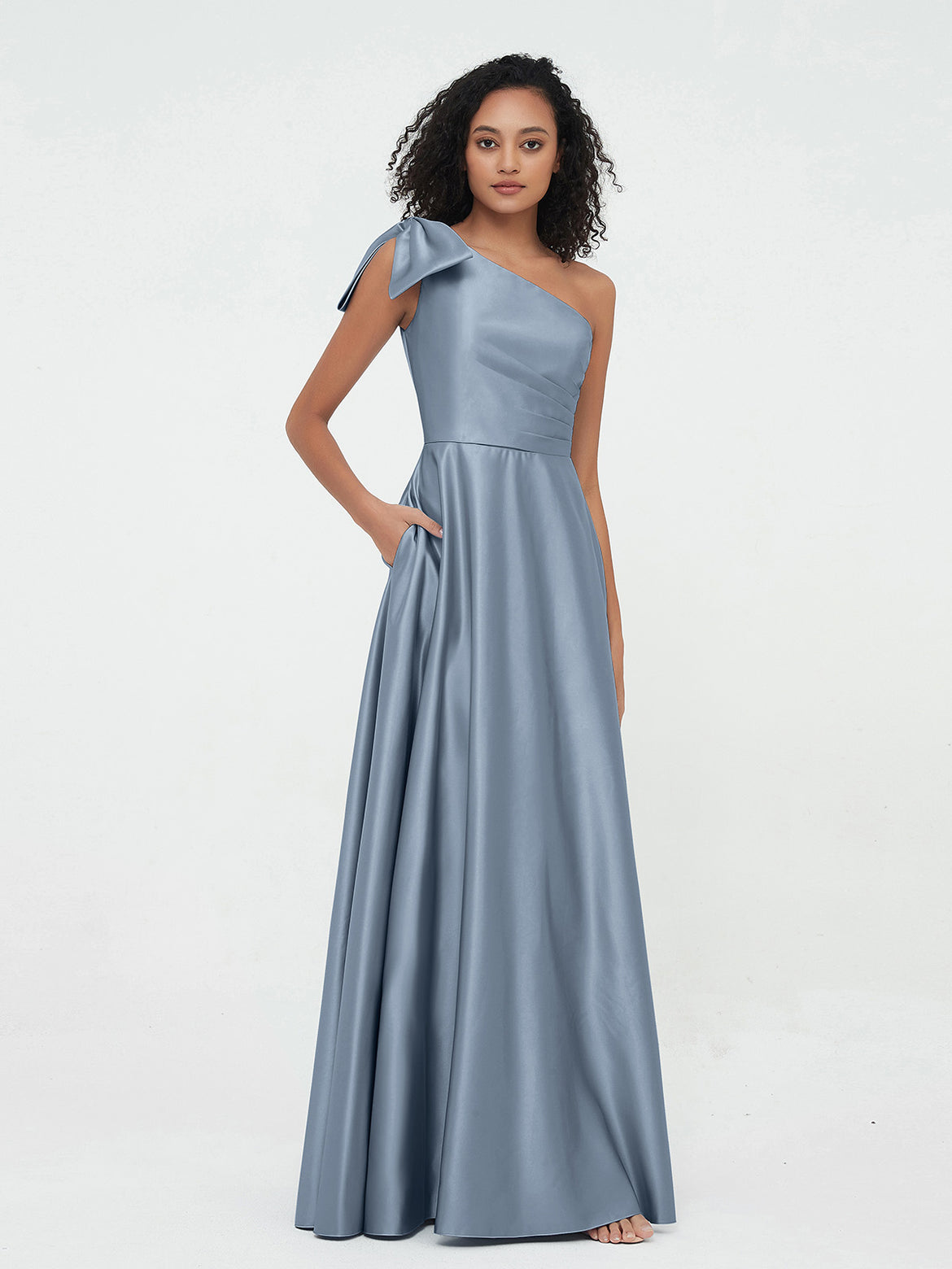 blue grey bridesmaid dresses Dusty Dress Matte Satin Size XL Show a little leg in matte satin bridesmaid dress with a dramatic cascade ruffle slit and thin Dusty Blue Bridesmaid Dresses -