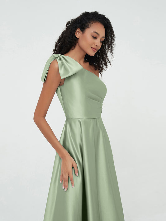Dusty Sage A Line One Shoulder Long Satin Bridesmaid Dress