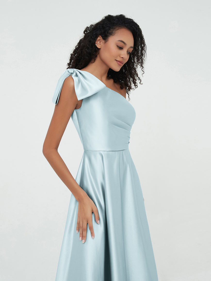 One Shoulder Long Satin Dresses with Pockets Terracotta