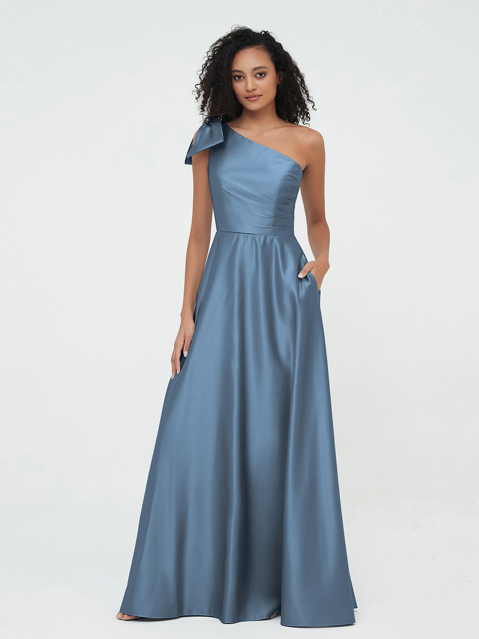 BABARONI Satin Slate Blue Bridesmaid Dresses One Shoulder Floor-length