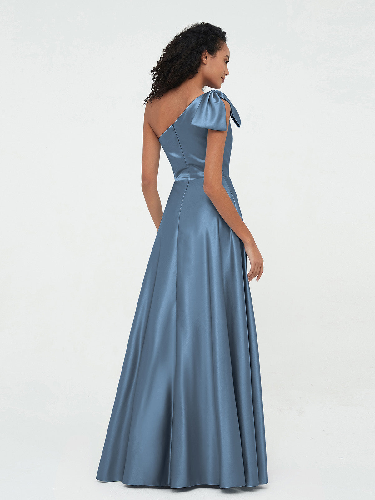 Off-the-shoulder Acetate Satin Pleated Dress Slate Blue