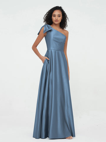 Blue One-shoulder Satin Long Dress with Train