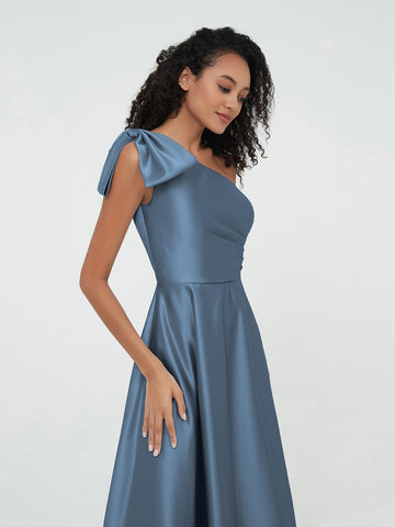 Elegant One-Shoulder Flowing Silhouette Dress Slate Blue main image 1