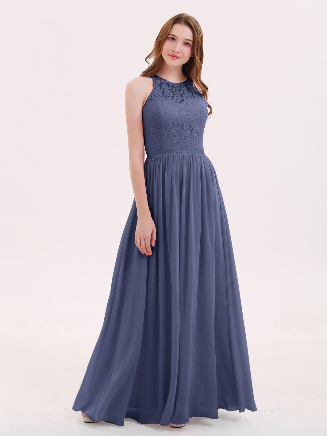 BABARONI BABARONI Chiffon Stormy Bridesmaid Dresses Illusion Floor-length Sleeveless Lace A-line, Stormy / US0
