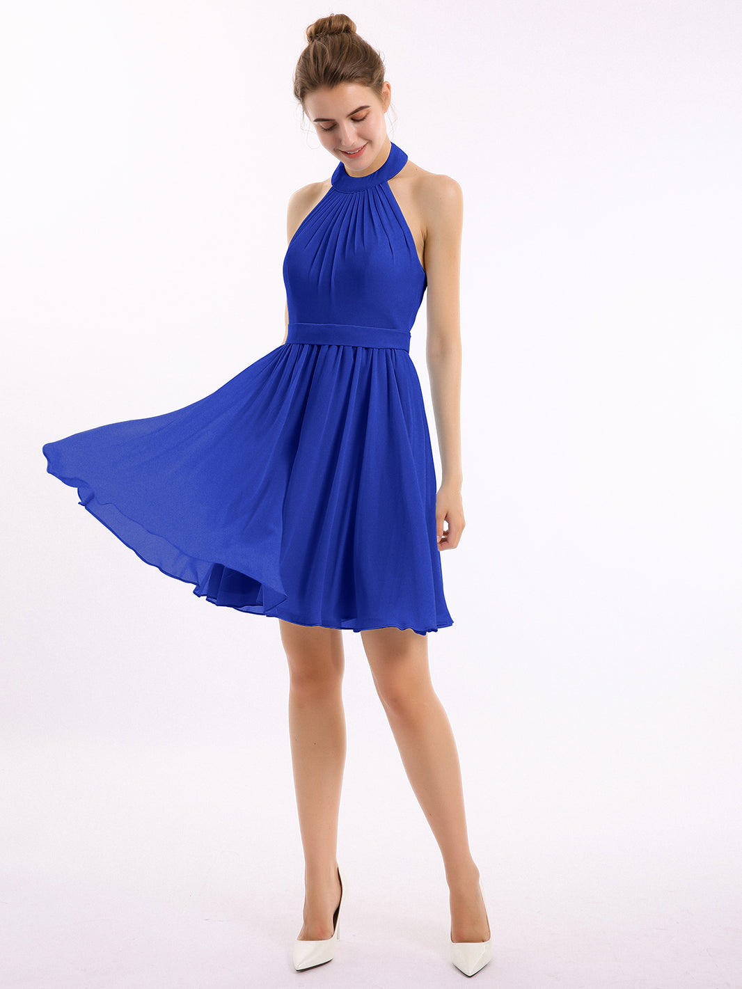 BABARONI Chiffon Royal Blue Bridesmaid Dresses Grecian Short/Mini Backless Sleeveless Belt A-line BABARONI Chiffon Royal Blue Bridesmaid Dresses Grecian Short/Mini Backless Sleeveless Belt A-line