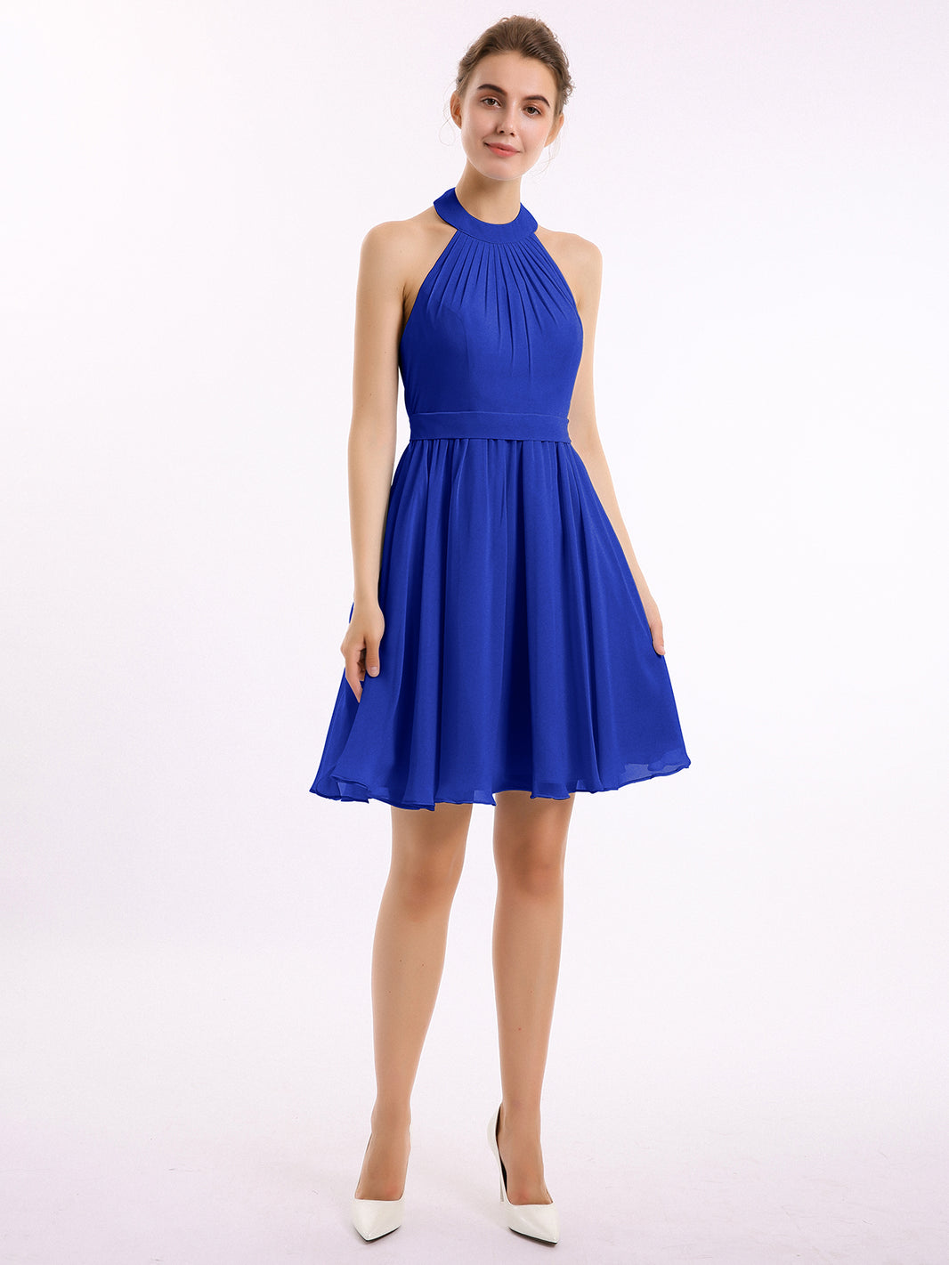 BABARONI Chiffon Royal Blue Bridesmaid Dresses Grecian Short/Mini Backless Sleeveless Belt A-line BABARONI Chiffon Royal Blue Bridesmaid Dresses Grecian Short/Mini Backless Sleeveless Belt A-line