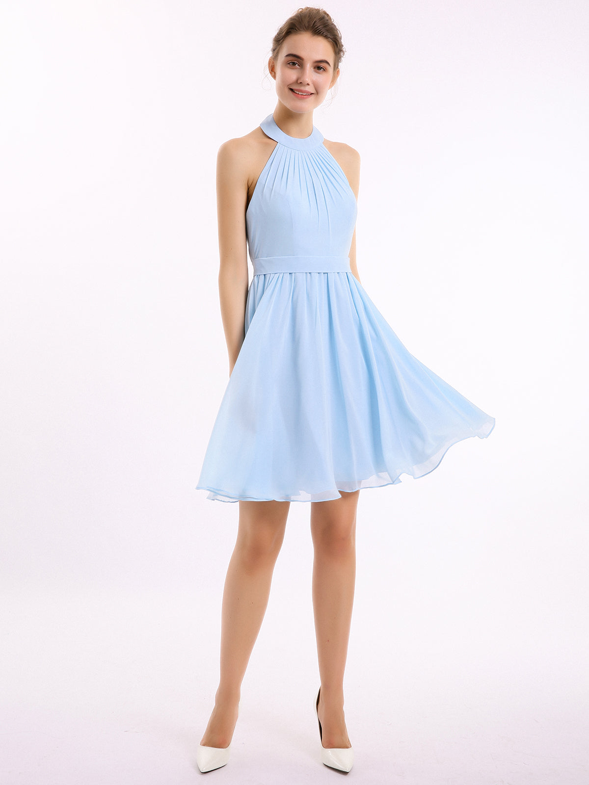Halter Chiffon Short Bridesmaid Dresses-Sky Blue Plus Size – BABARONI