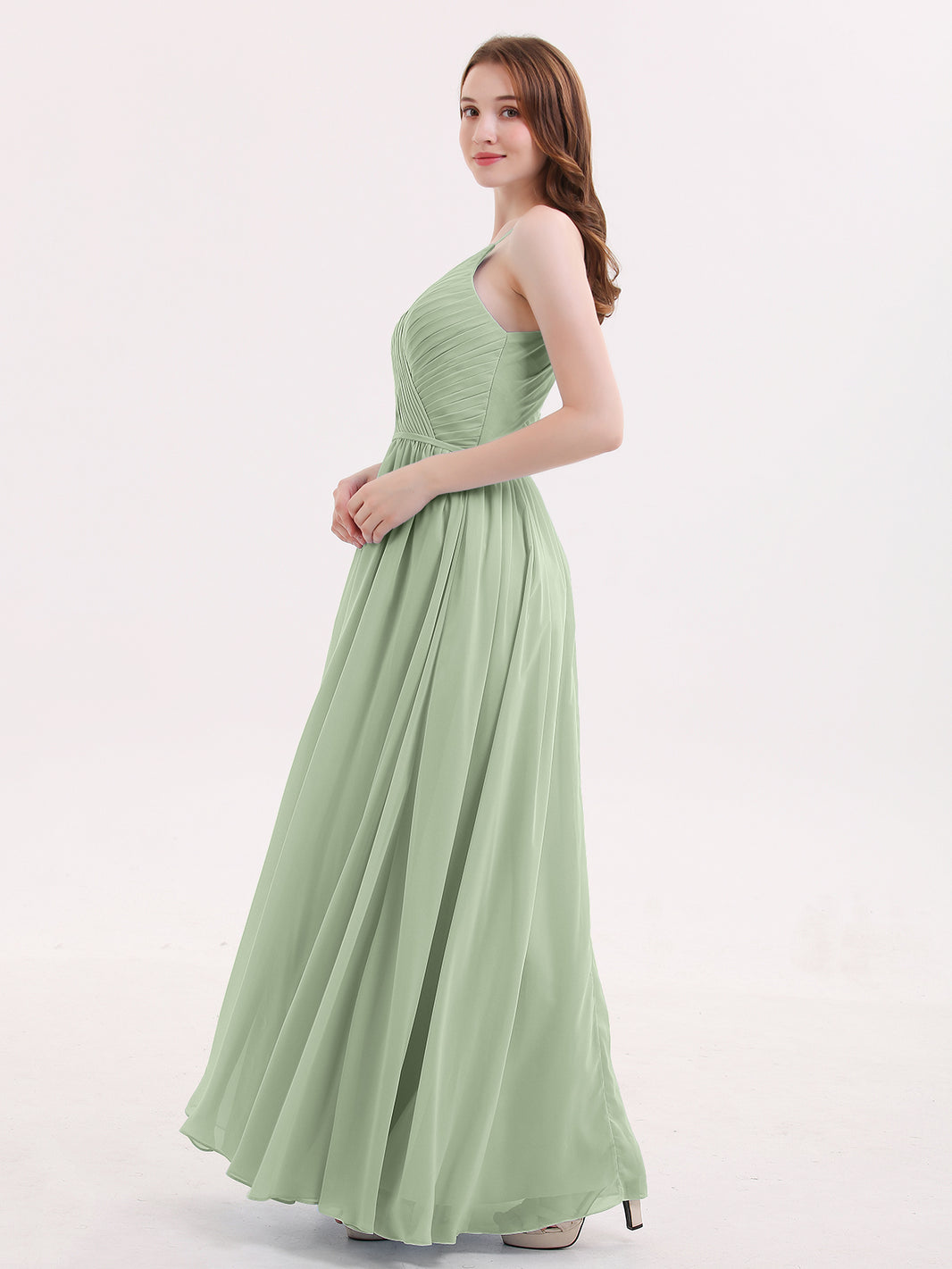 BABARONI Open Back Chiffon Dress with V Neck-Dusty Sage, Dusty Sage / US0