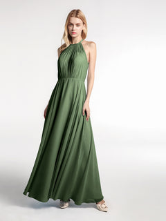 Halter Neck Chiffon Maxi Dress with Circle Skirt-Olive Green