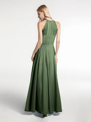 Halter Neck Chiffon Maxi Dress with Circle Skirt-Olive Green