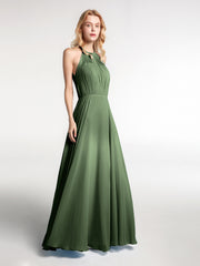 Halter Neck Chiffon Maxi Dress with Circle Skirt-Olive Green