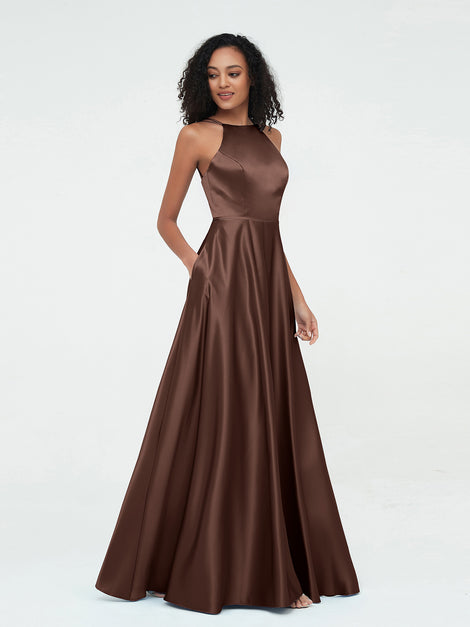 A-line Halter Satin Long Dresses with Pockets Dark Green