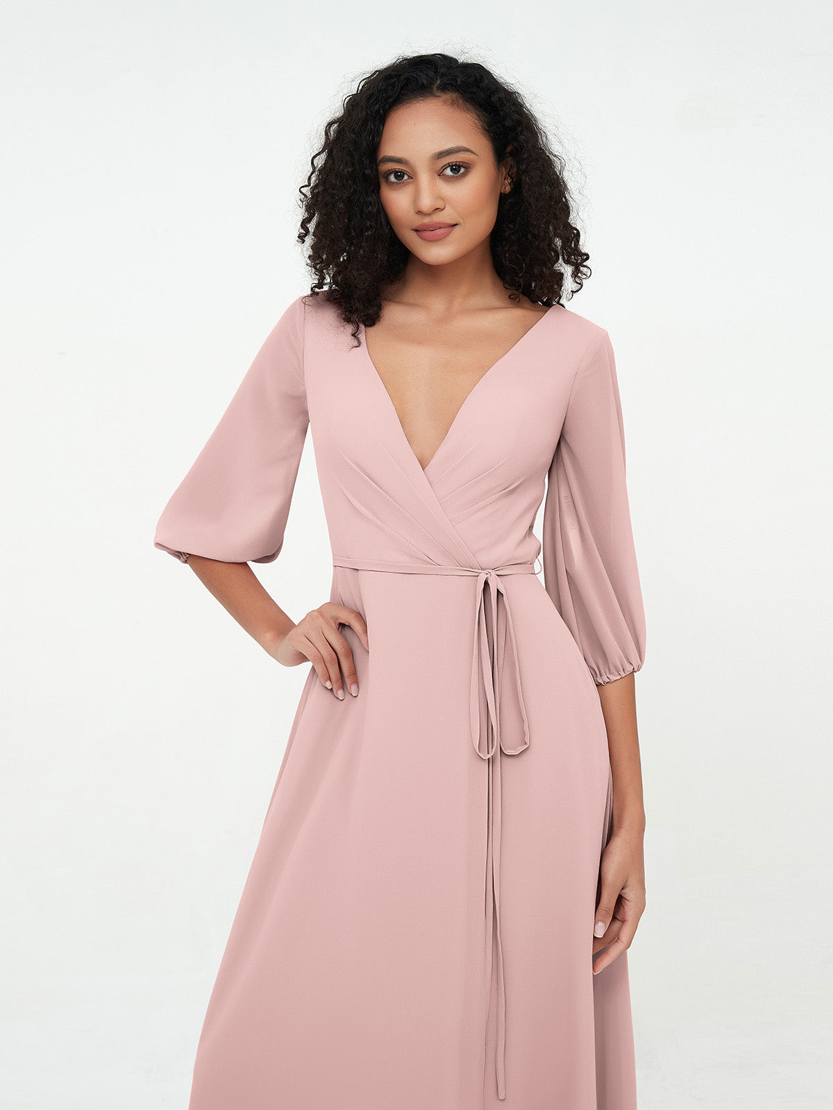 V neck Chiffon Long Dresses with Straps Dusty Rose main image 1