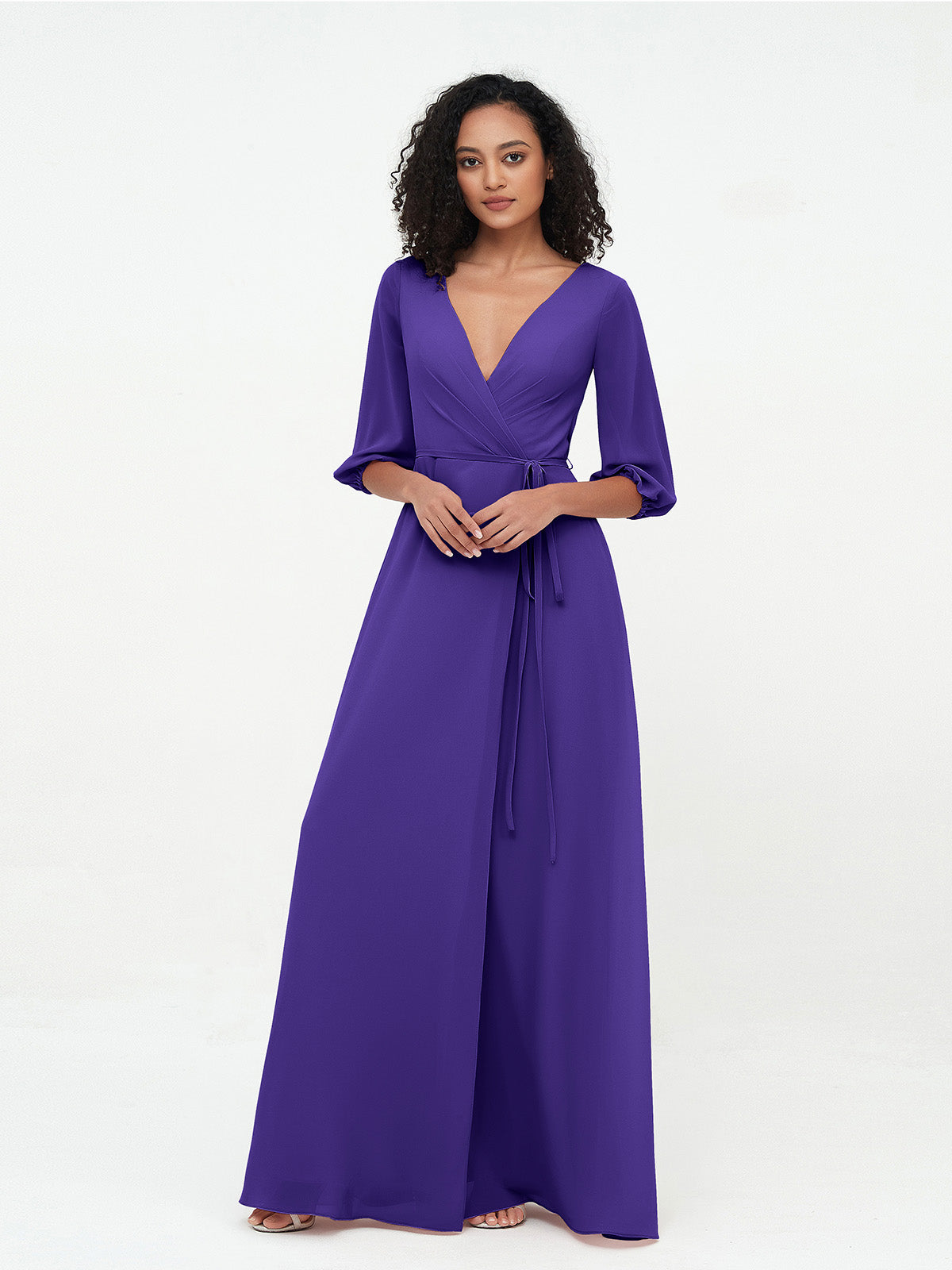 BABARONI Chiffon Regency Bridesmaid Dresses Plunging V-Neck Floor ...