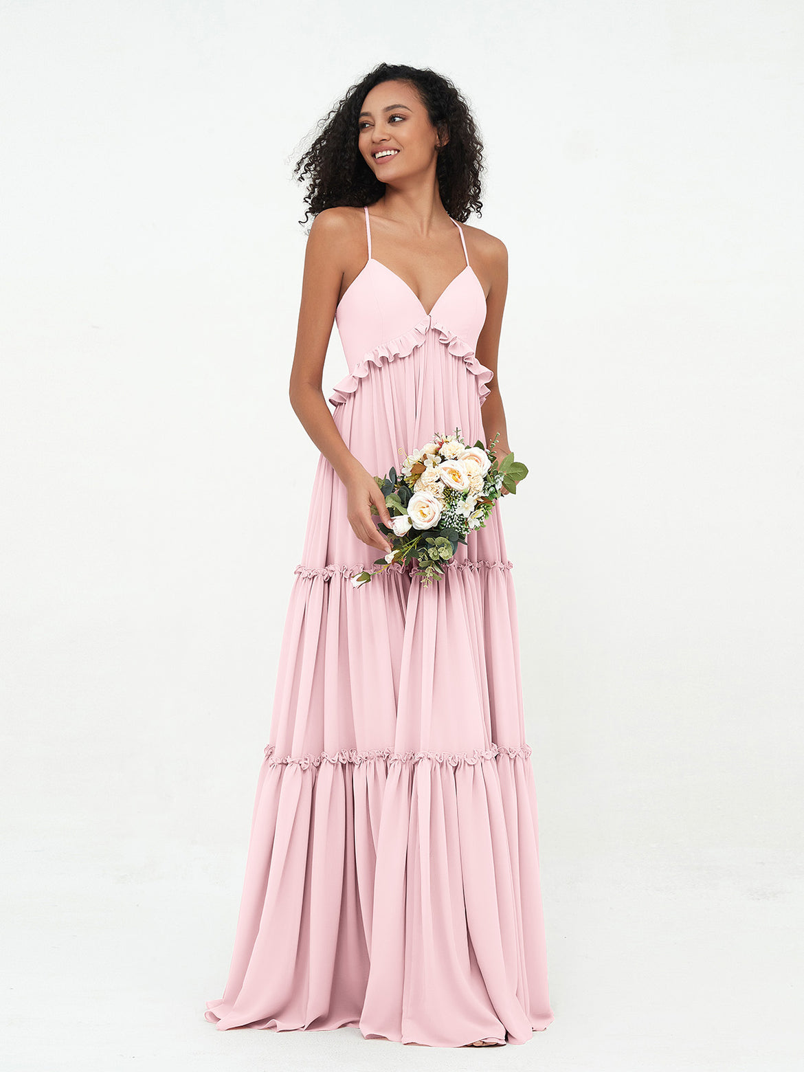 Short Halter Chiffon Bridesmaid Gown Blushing Pink