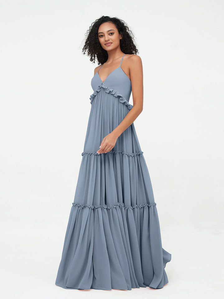 Empire Chiffon Tiered Skirt Max Bohemian Dresses-Dusty Blue Ursula BABARONI