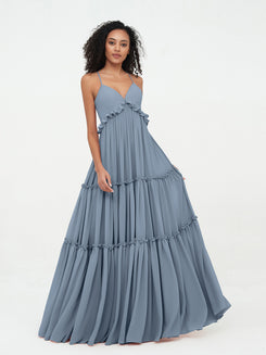 Empire Chiffon Tiered Skirt Max Bohemian Dresses-Dusty Blue Ursula BABARONI