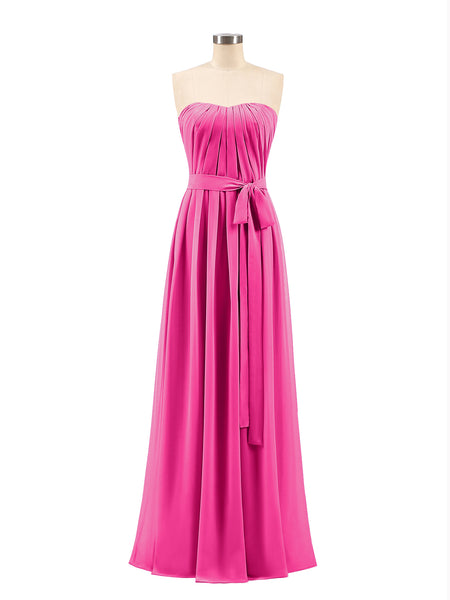 BABARONI Chiffon Fuchsia Bridesmaid Dresses Strapless Floor-length Sleeveless Bow A-line, Fuchsia / US0