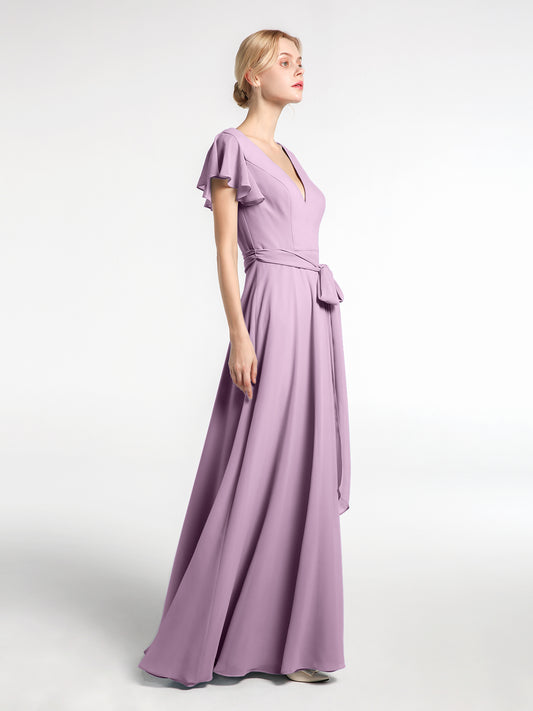 Long Chiffon Dress with V Neck and Bow Straps Mulberry