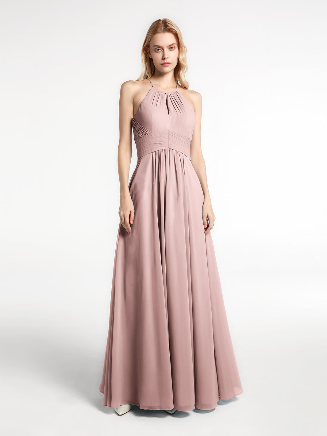 betina bow front maxi dress dusty rose BABARONI Halter Keyhole Neck Chiffon Dress with Pockets-Dusty Rose Plus Size, Dusty Rose / US18