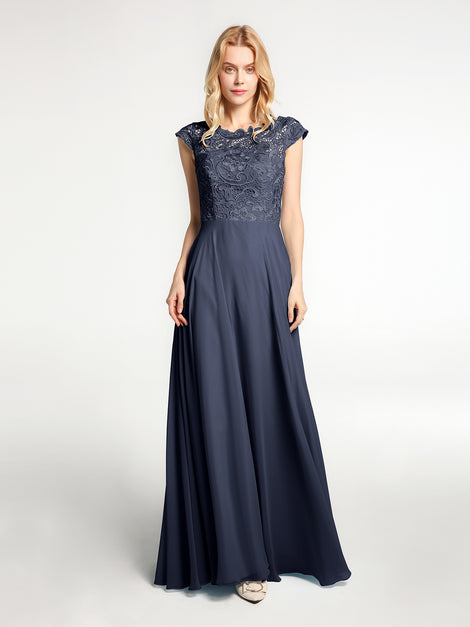 Illusion Neck Chiffon Dresses with Cap Sleeves Dark Navy Plus Size