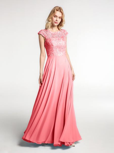 BABARONI Illusion Wrap Neck Lace and Chiffon Maxi Dress-Watermelon Plus Size, Watermelon / US18