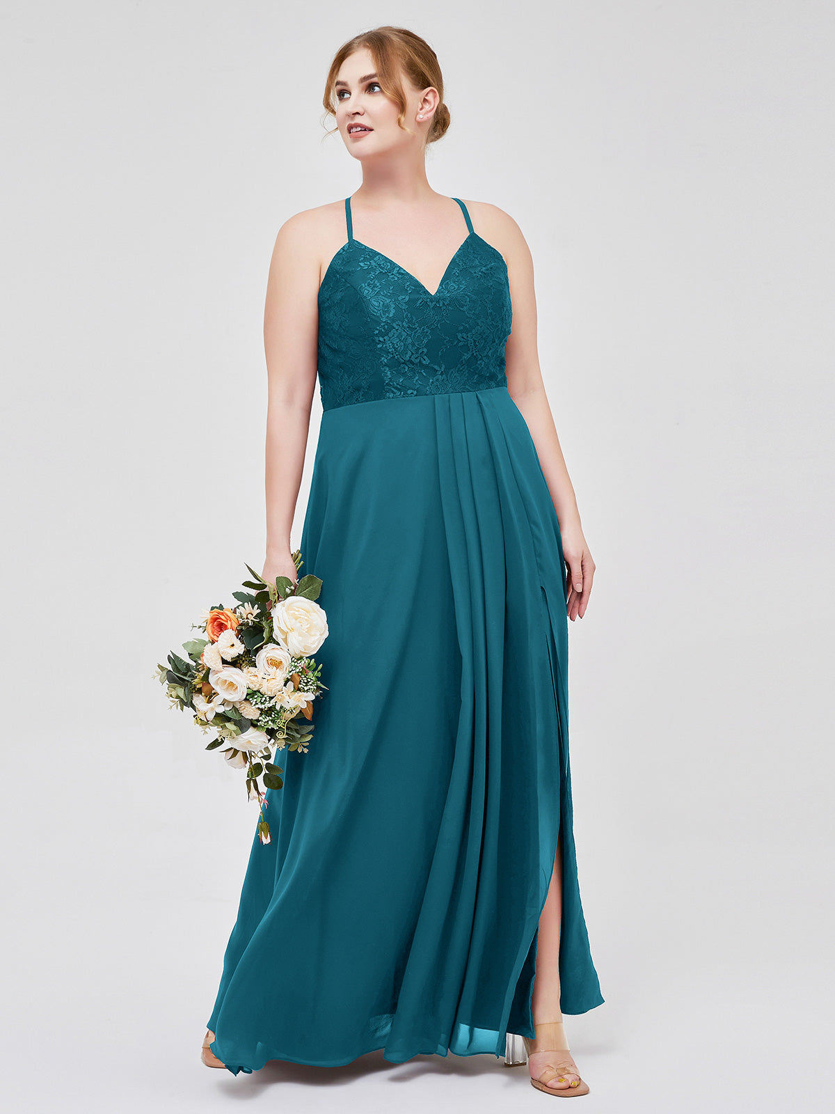 Lace Bodice Chiffon Skirt Dresses with Slit Ink Blue Plus Size – BABARONI