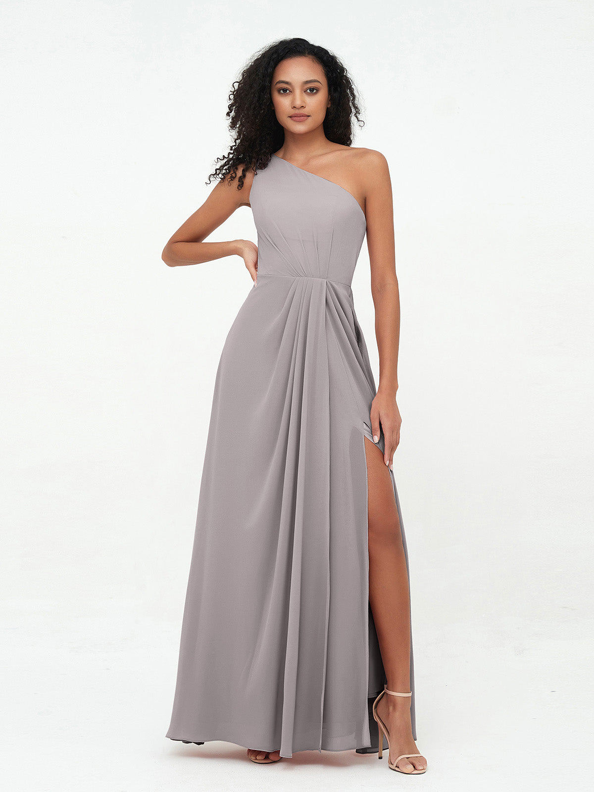 V-neck Long Chiffon Dress with Slit for Bridesmaids Silver