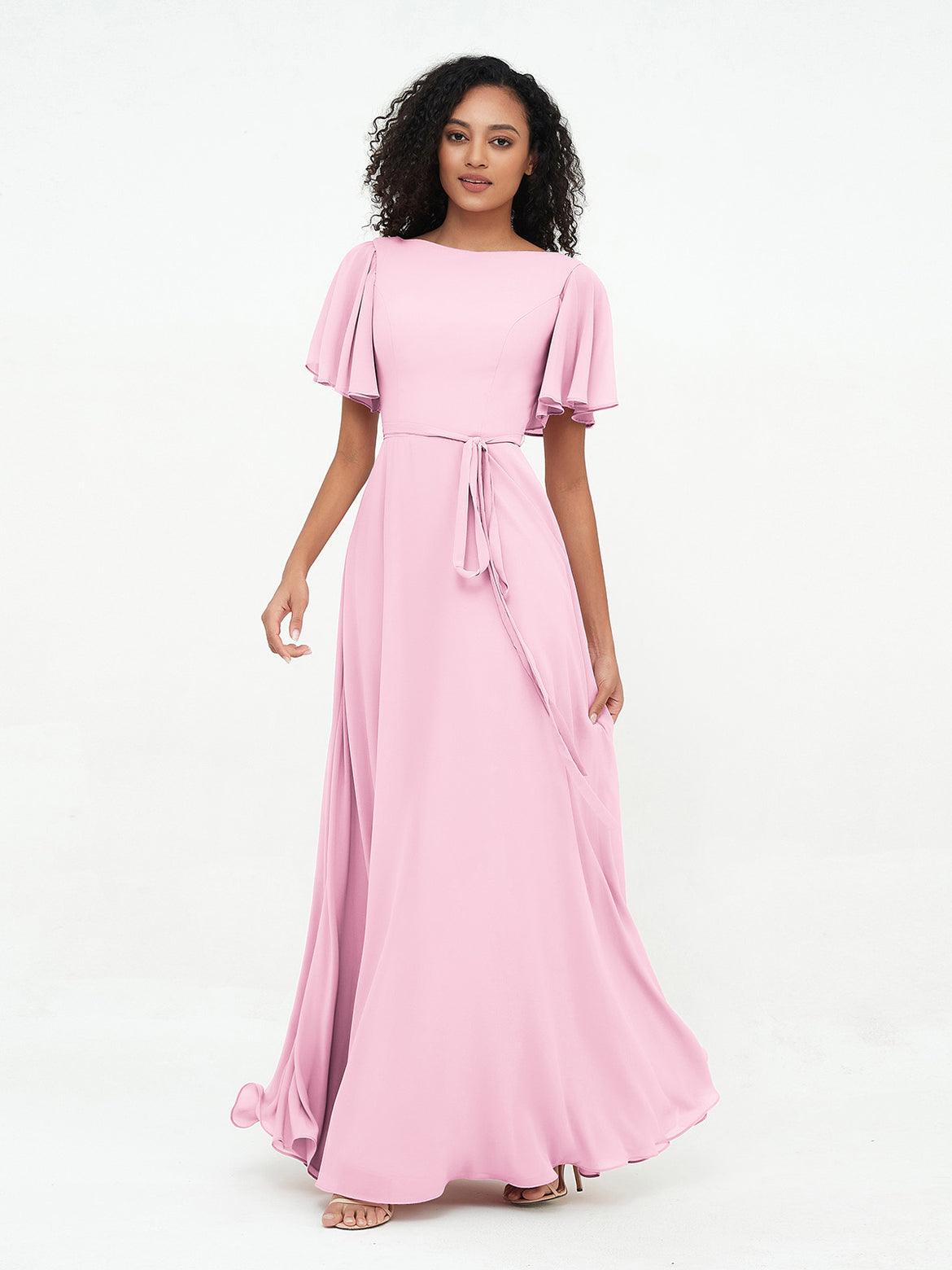 pink puffy bridesmaid dresses Pink Off-shoulder Puffy Knee Length Formal Dress main image 0