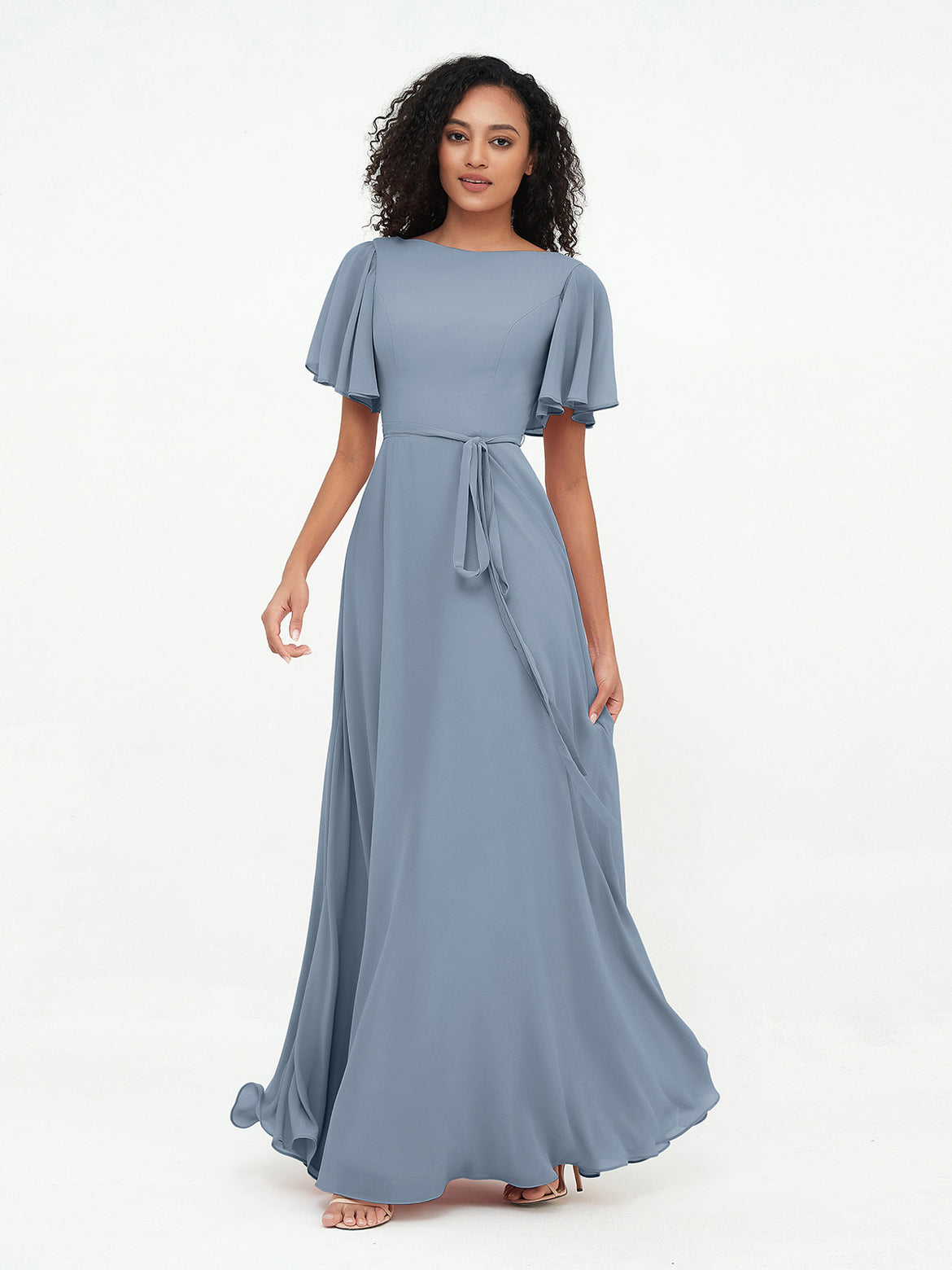 Flutter Sleeves Chiffon Max Dresses with Sash Bow-Dusty Blue Yvette ...