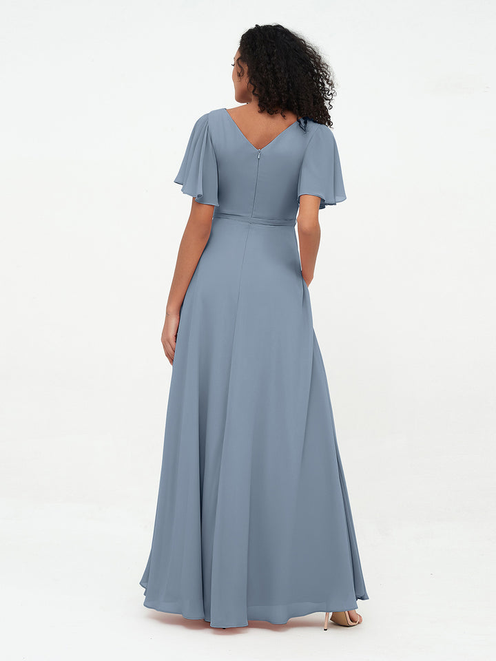 Flutter Sleeves Long Chiffon Dresses with Sash Bow Cabernet