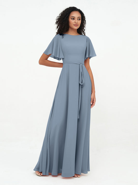 Flutter Sleeves Long Chiffon Dresses with Sash Bow Tahiti