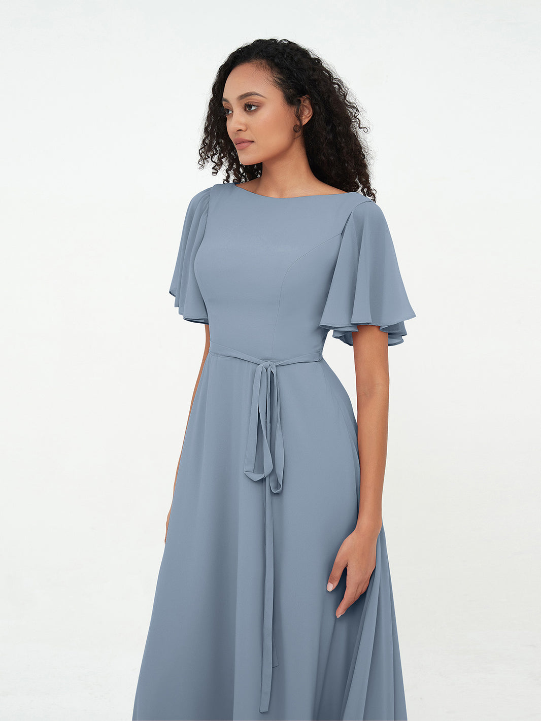 Flutter Sleeves Chiffon Max Dresses with Sash Bow-Dusty Blue Yvette ...