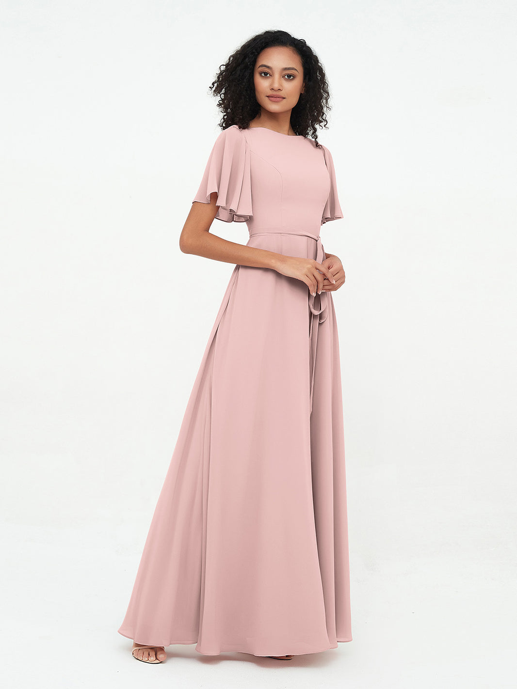 BABARONI Flutter Sleeves Chiffon Max Dresses with Sash Bow-Blushing Pink, Blushing Pink / US0