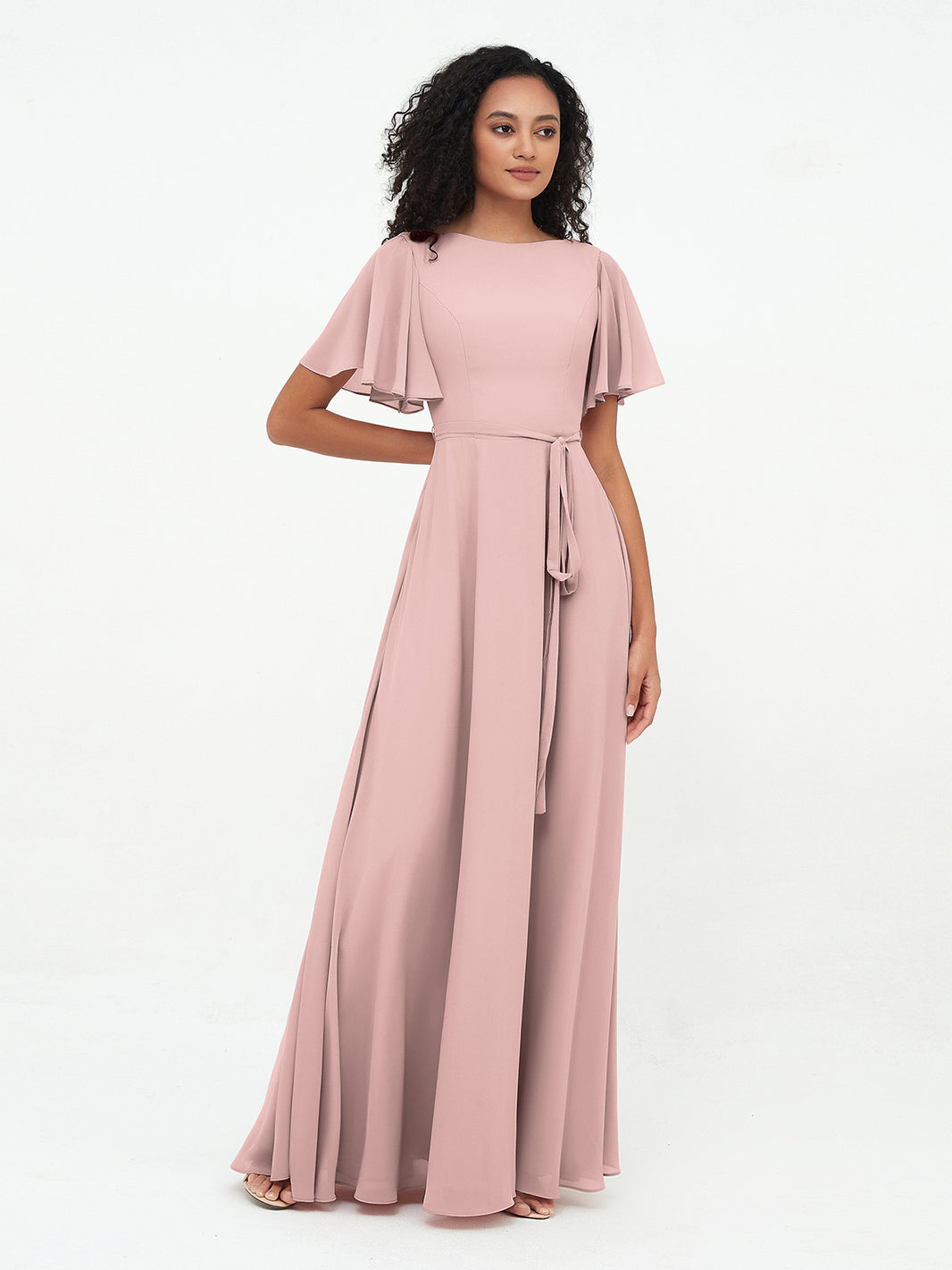 Full Length Chiffon Dresses with Bow Dusty Rose main image 1