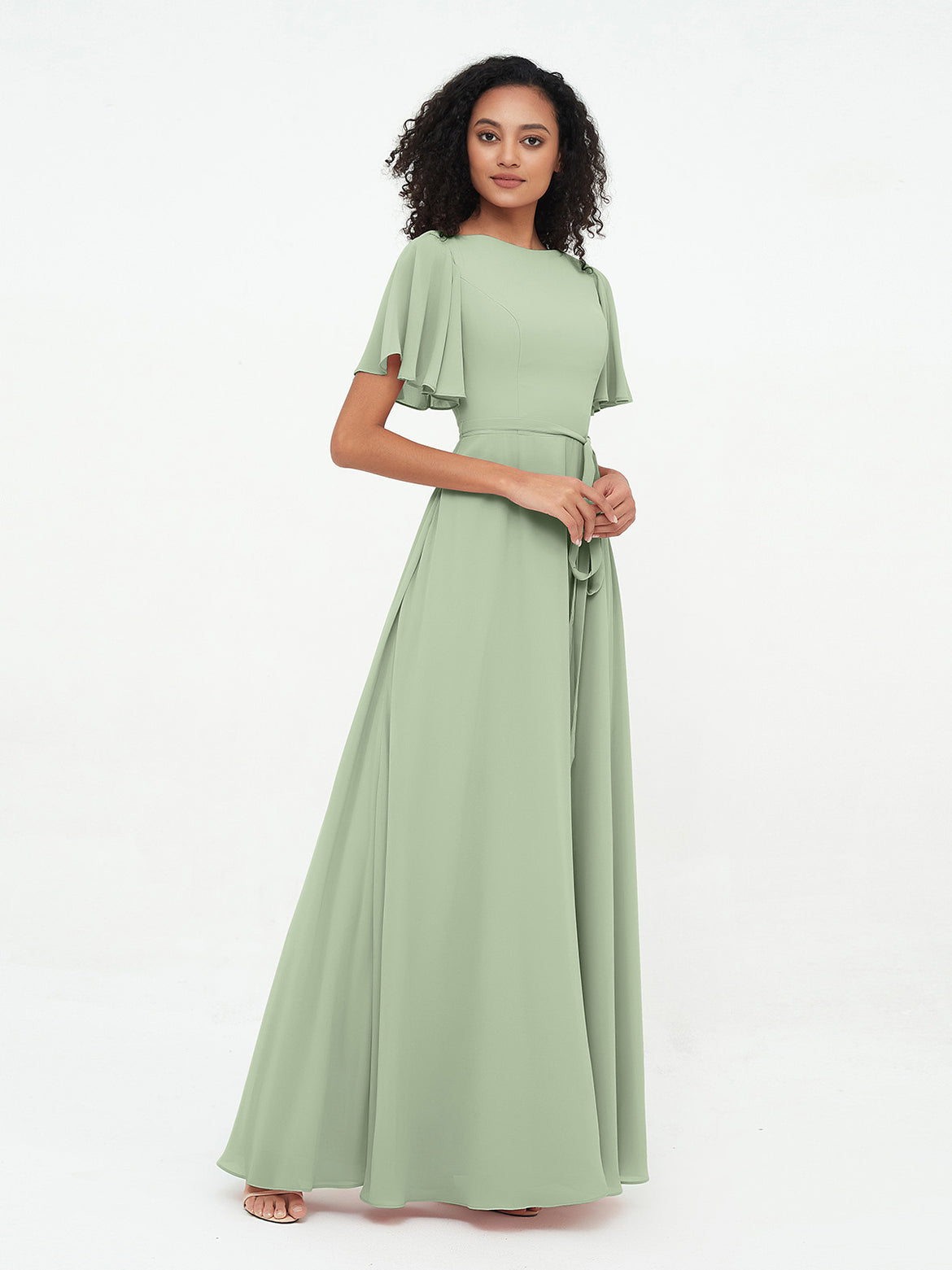 green emerald velvet dress Wedding Dusty Sage Green Bridesmaid Dresses Short Sleeves Trumpet/Merm main image 1