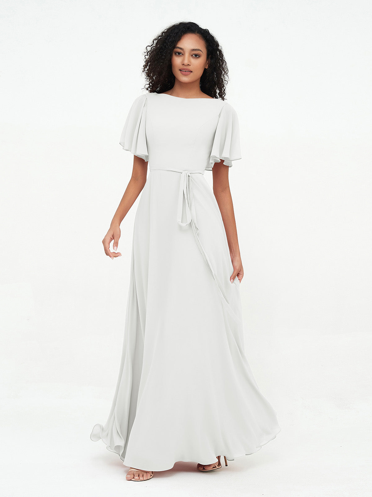 BABARONI Chiffon Ivory Bridesmaid Dresses Bateau Floor-length Flutter