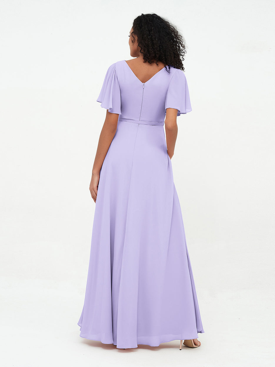 Flutter Sleeves Jewel Neckline Chiffon Dress Lilac