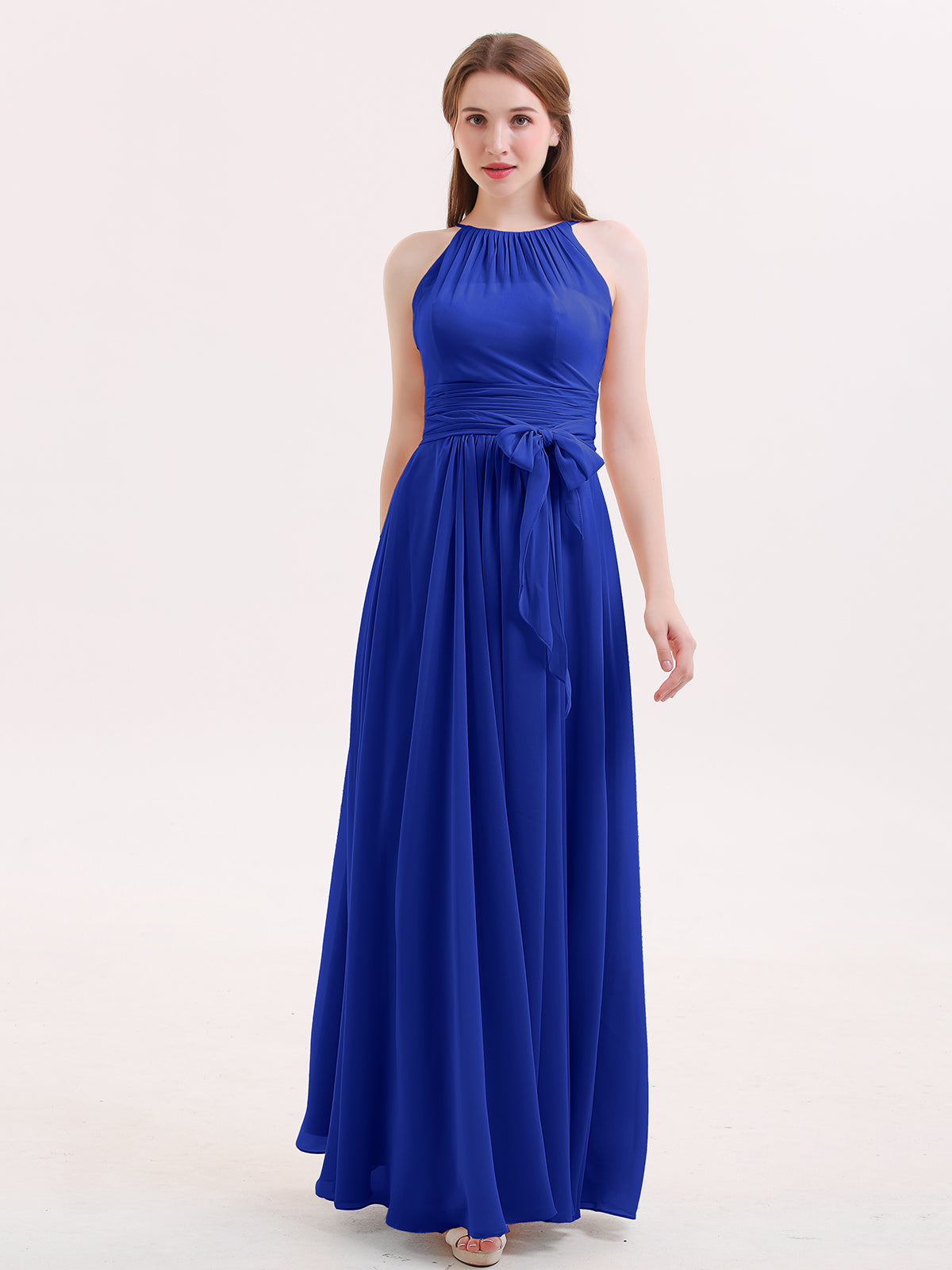 Halter Chiffon Bridesmaid Dresses with Bow Sash-Royal Blue – BABARONI