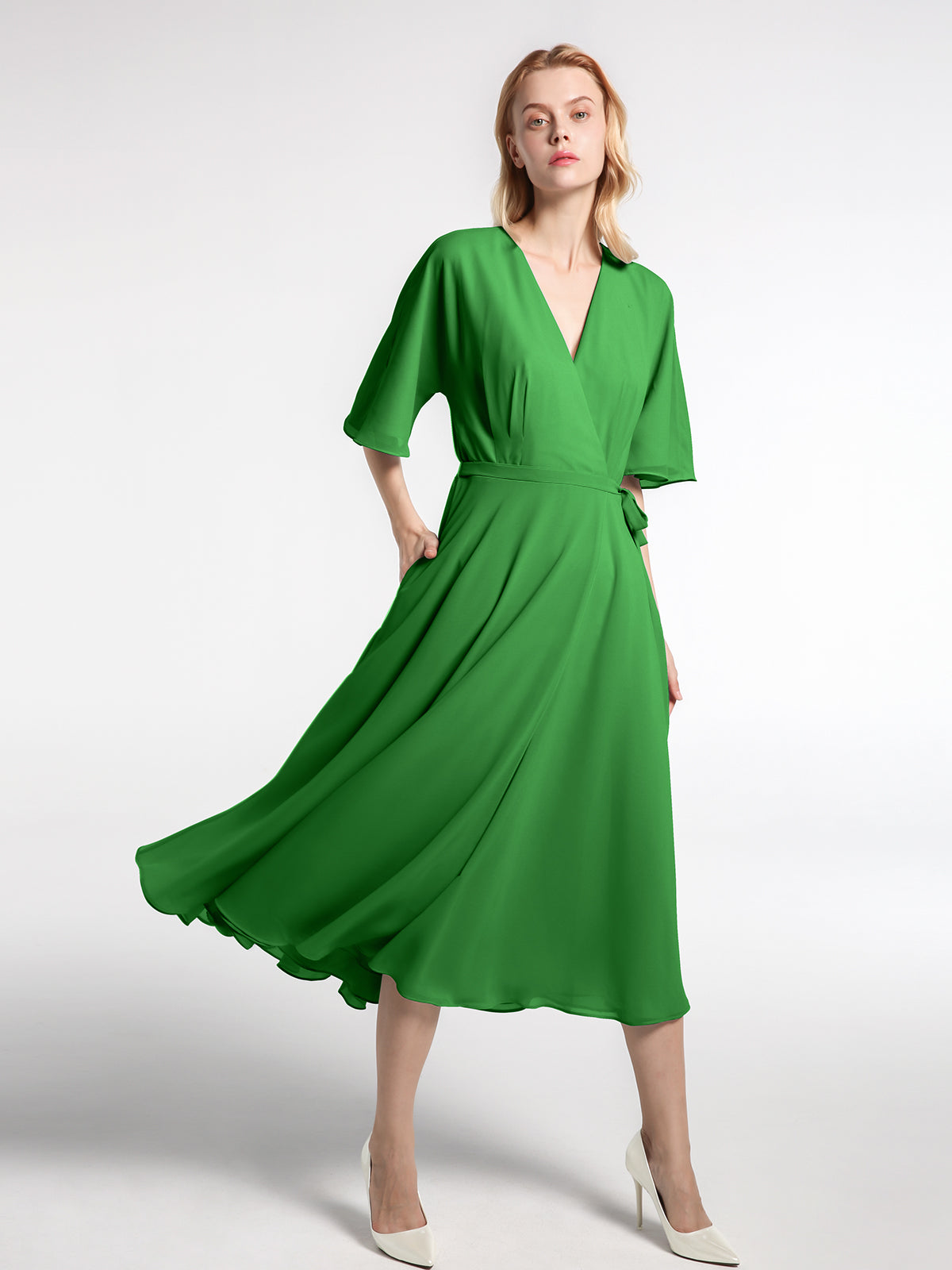 V-neck Half Sleeves Tea Length Chiffon Dress-Green Zona BABARONI