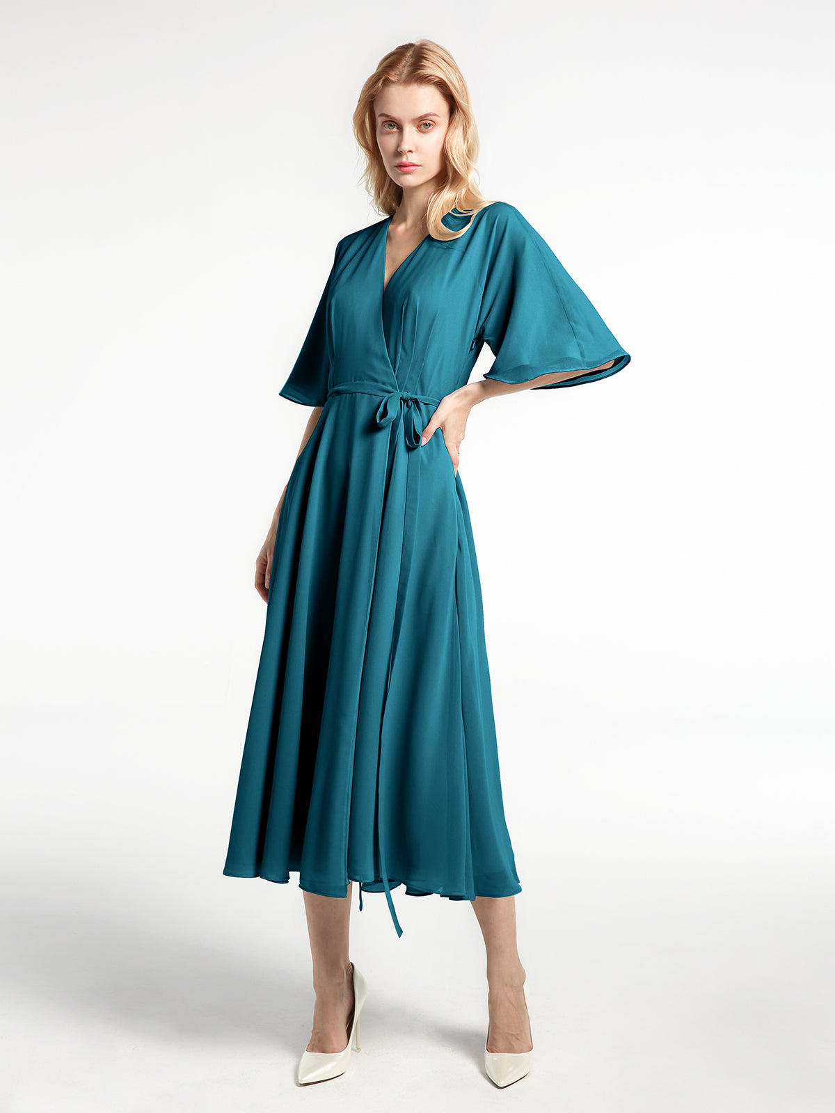 Cap Sleeve A-line Tea-length Chiffon Dress Blue