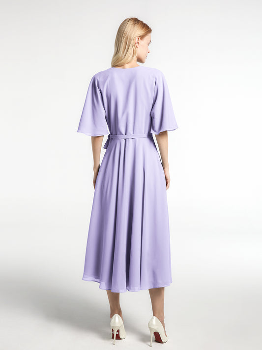 V-neck Pleated A-line Tea-length Chiffon Dress Lilac main image 0