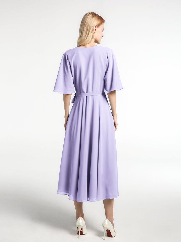V-neck Half Sleeves T-Length Chiffon Dress Olive Green