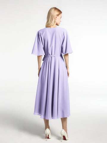 V-neck Half Sleeves T-Length Chiffon Dress Orchid