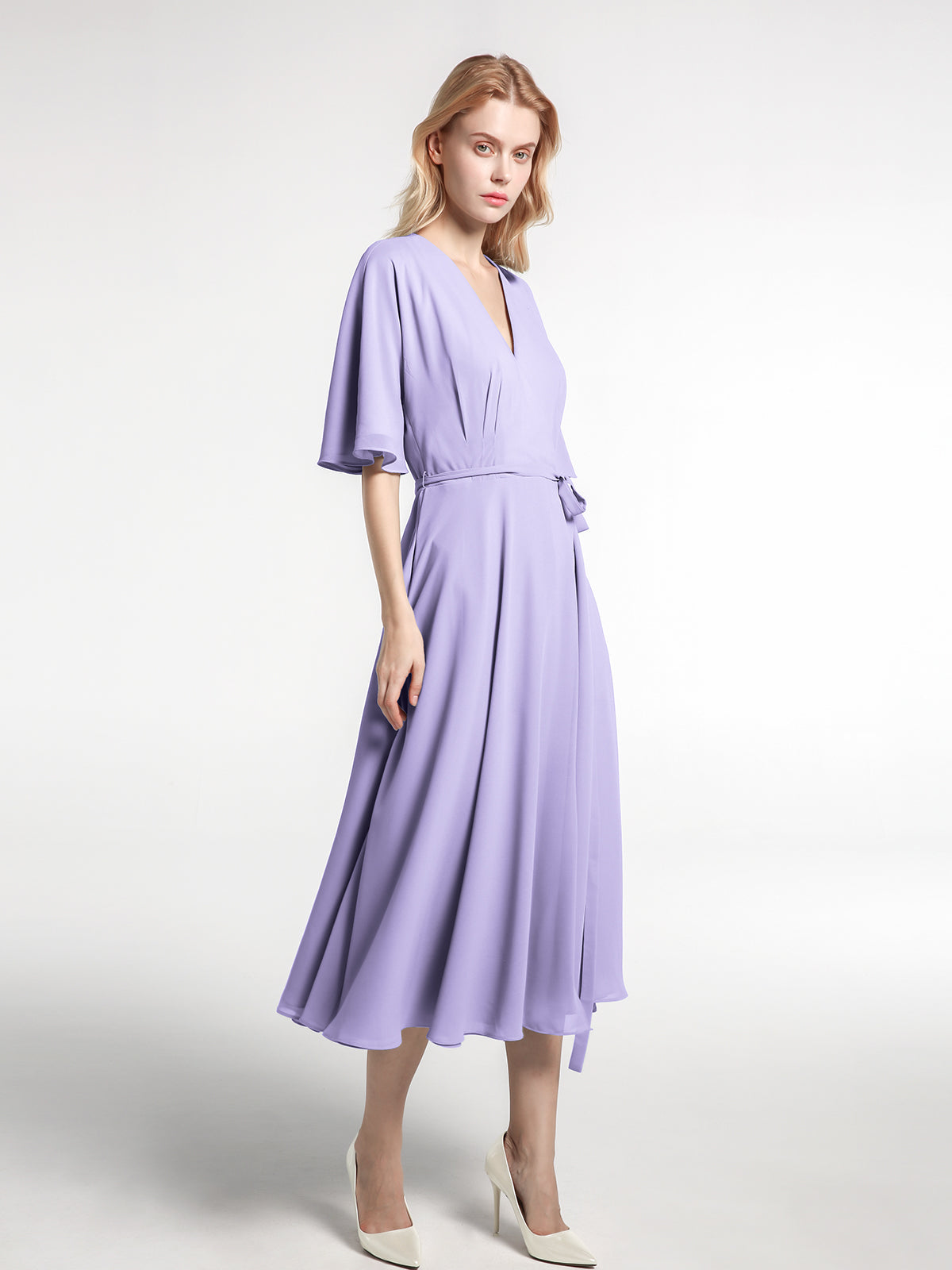 Illusion Neckline Half Sleeve Chiffon Dress Lilac main image 1