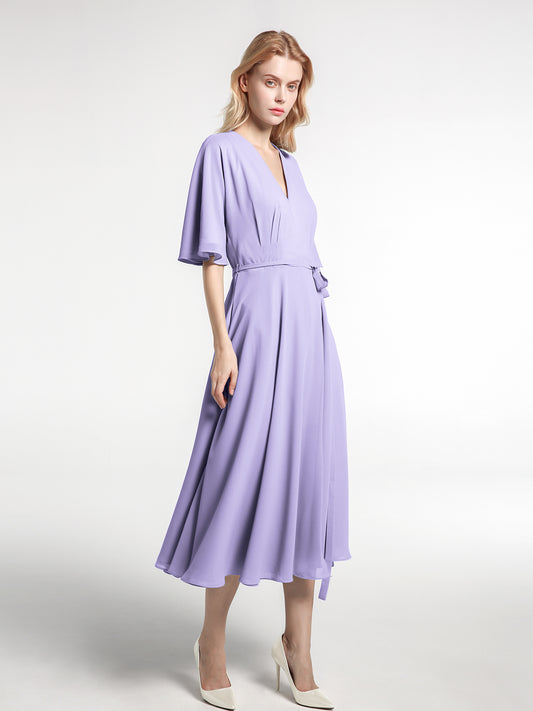 V-neck Half Sleeves T-Length Chiffon Dress Lavender