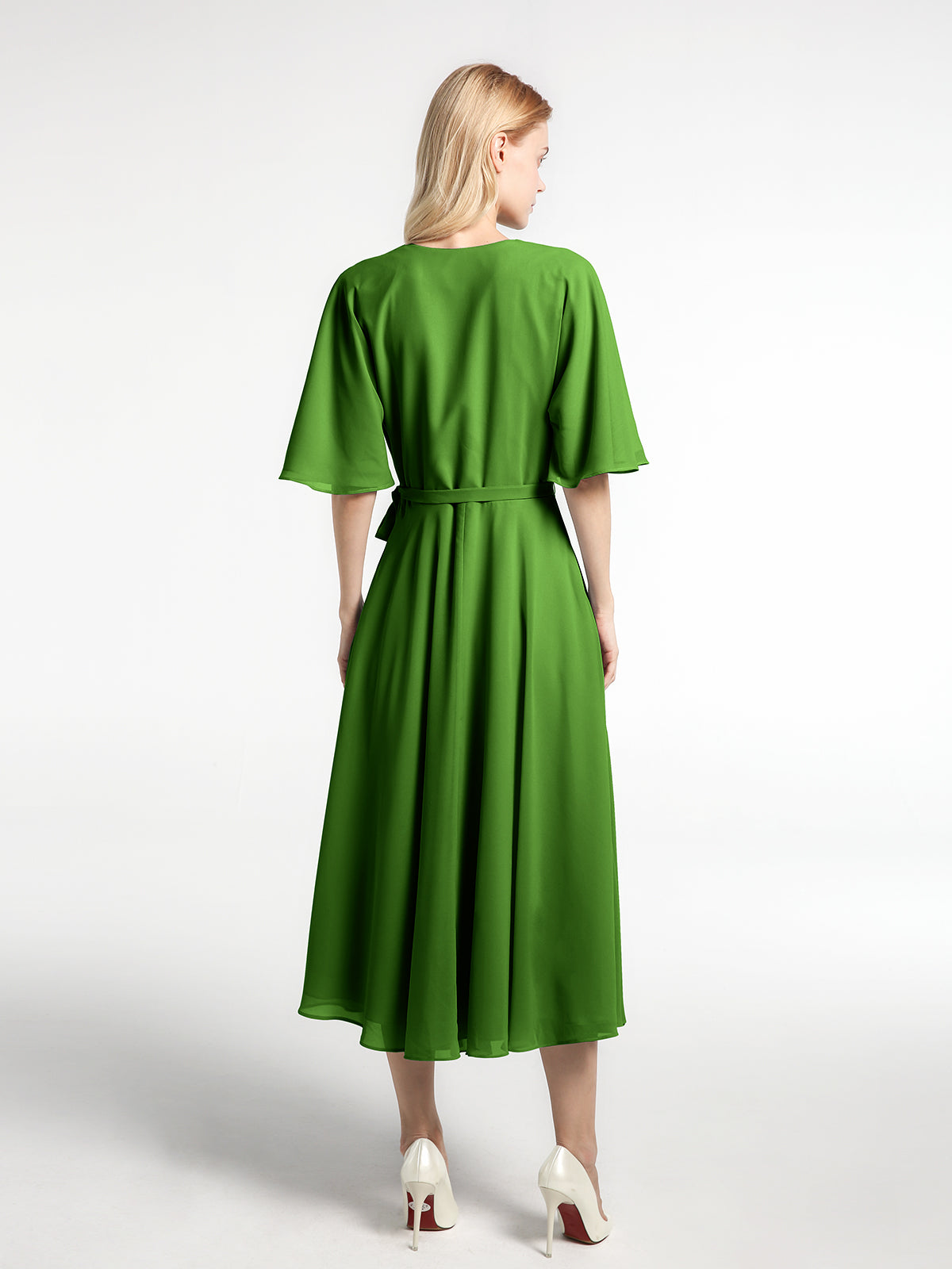 V-neck Half Sleeves T-Length Chiffon Dress Papaya