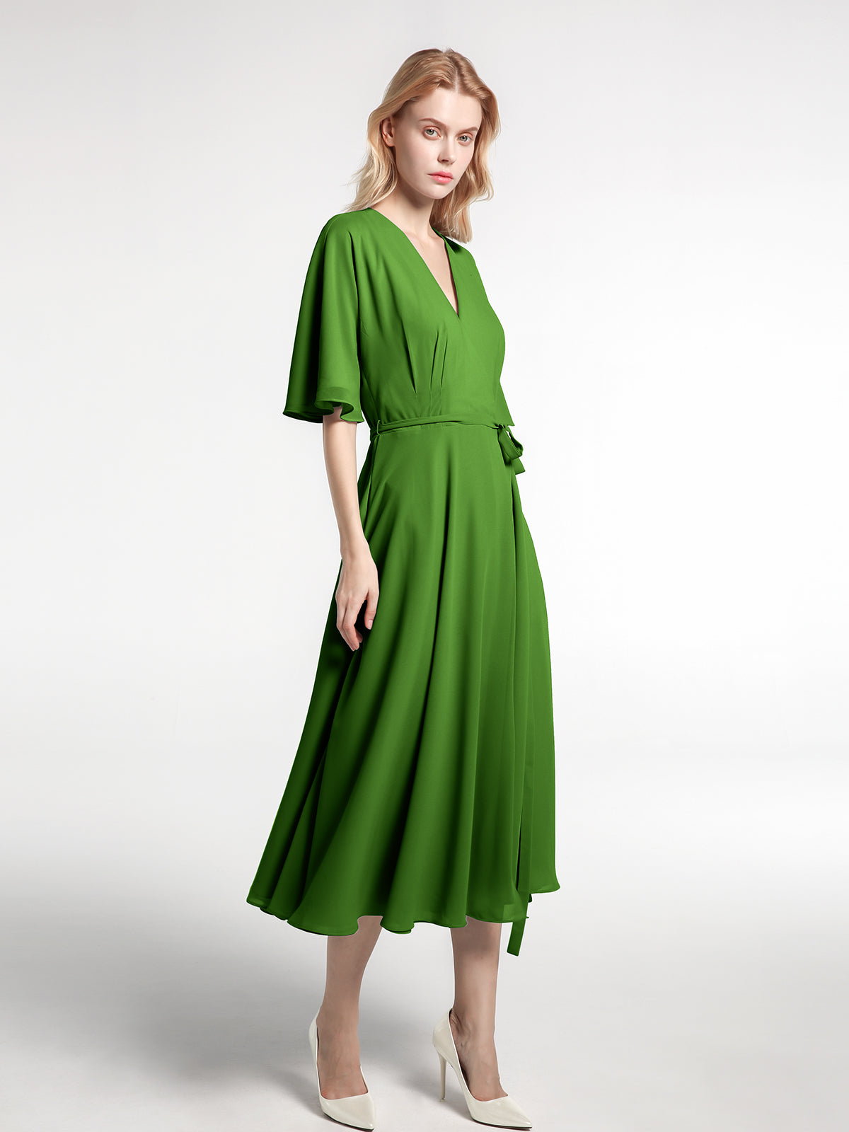Bow High Neck Pleated Long Sleeve Chiffon Dress Moss main image 1